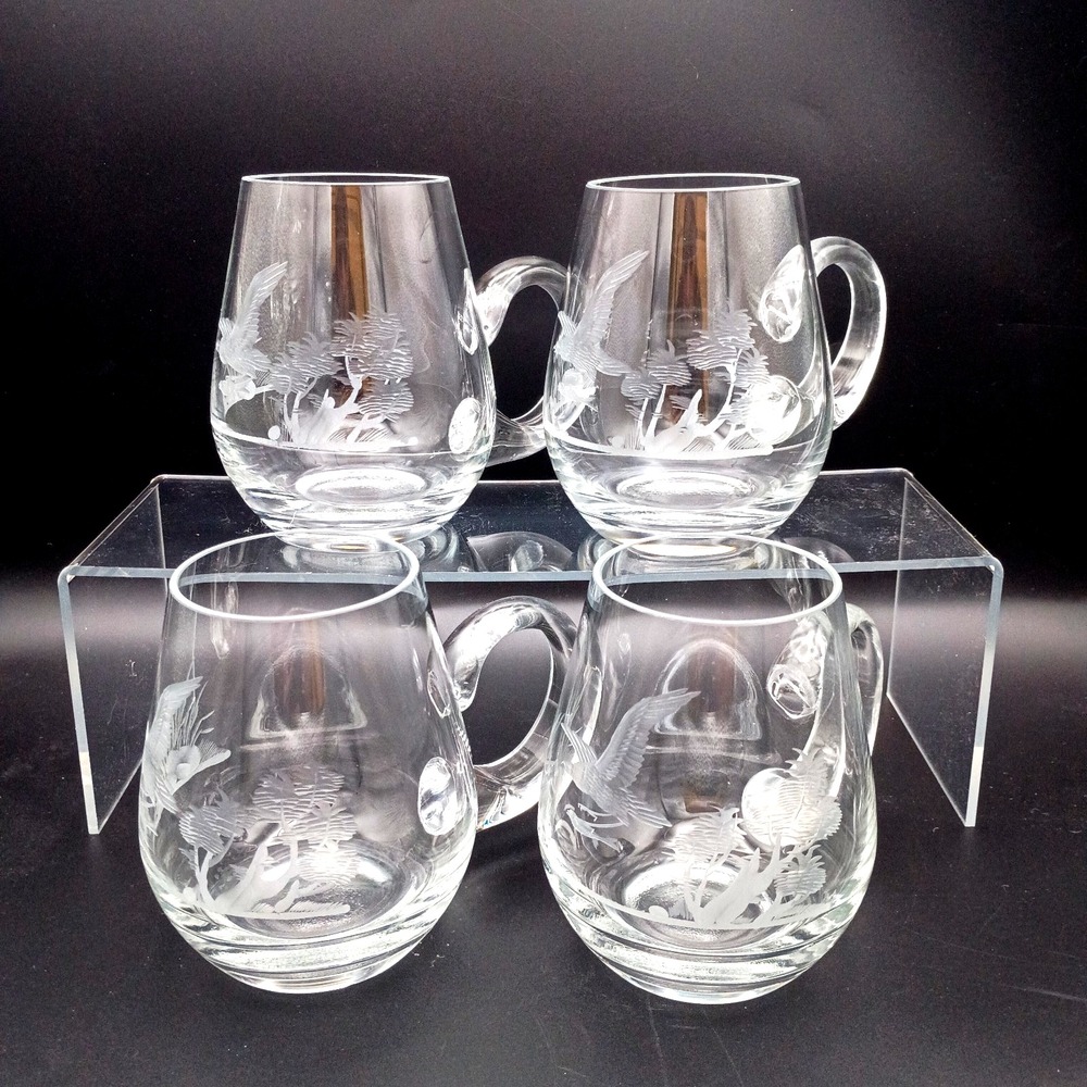 Set of 4 Etched Glass Mugs Birds of Prey Fishing Design Wildlife Barware 12 oz